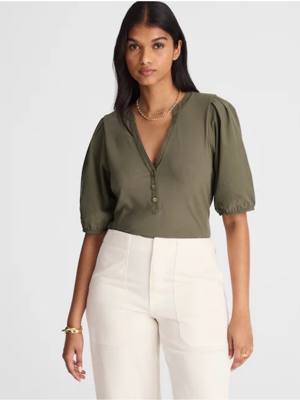 Madewell Olive V-neck Puff-Sleeve Henley Knit Top